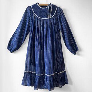Vintage 70s 80s Silver Metal Lurex & Blue Cotton Gauze Indian Quilted Bib Dress